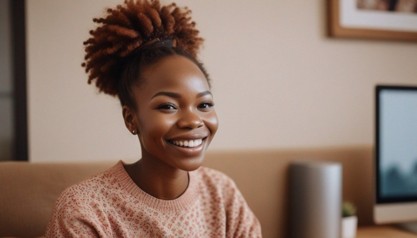 A photo of a happy african customer using internet