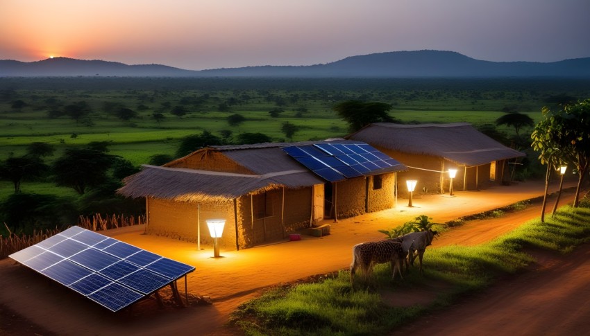 A solar powered Solar Electric system illuminating a rural village in Africa
