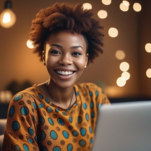 A photo of a happy african customer using internet