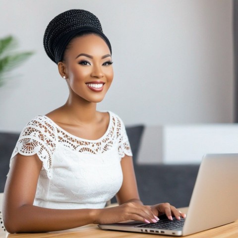 A photo of a happy customer browsing website on internet